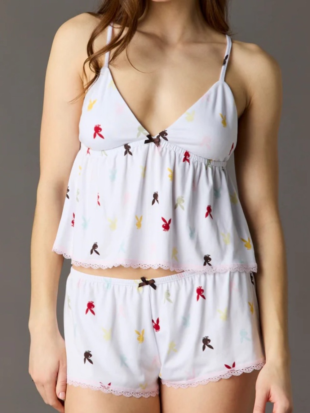 Light Pink Playboy Printed Satin Camisole & Short Sleep Set